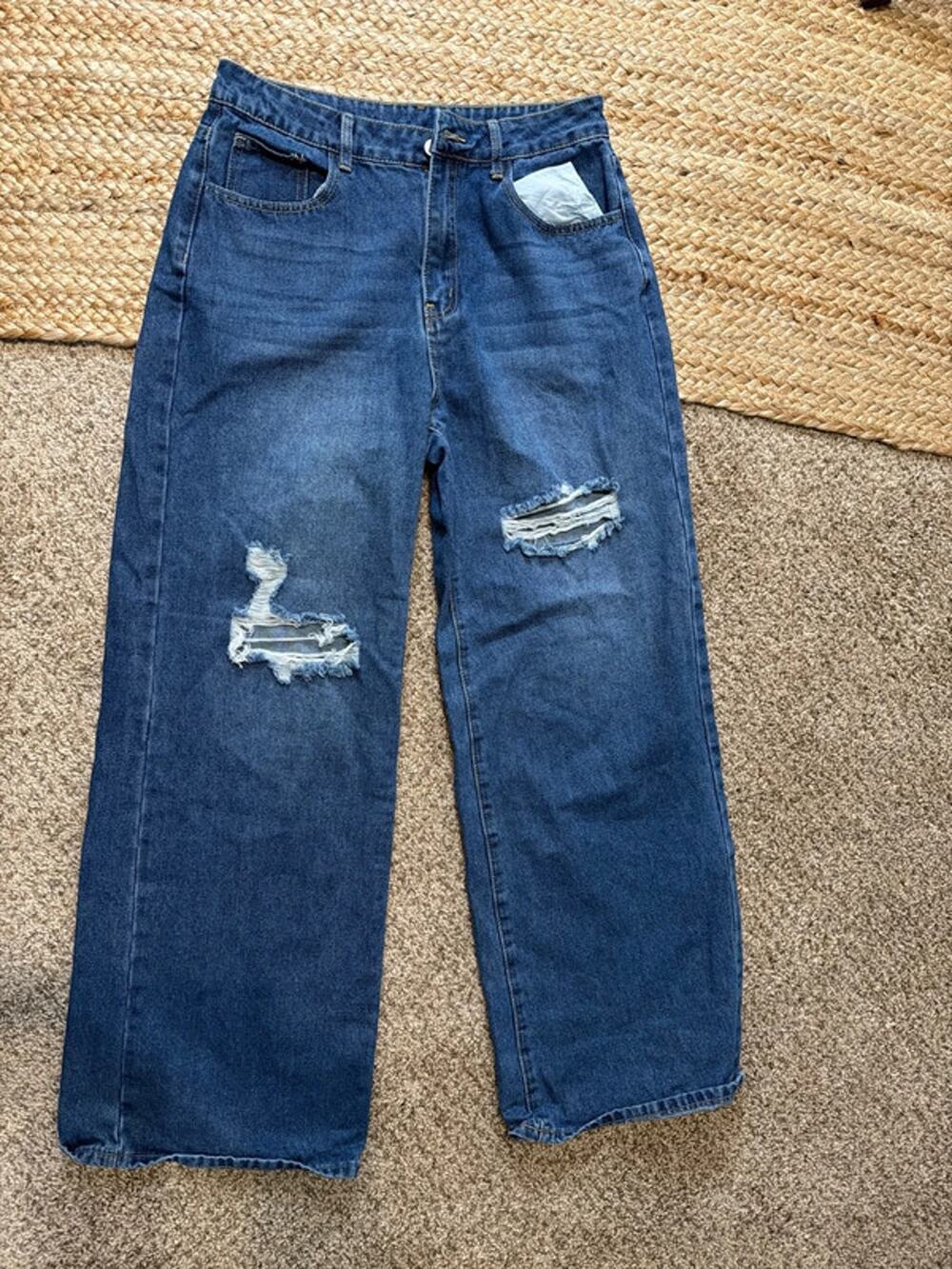 Shein L wide leg, blue denim jeans, EUC distressed 3216